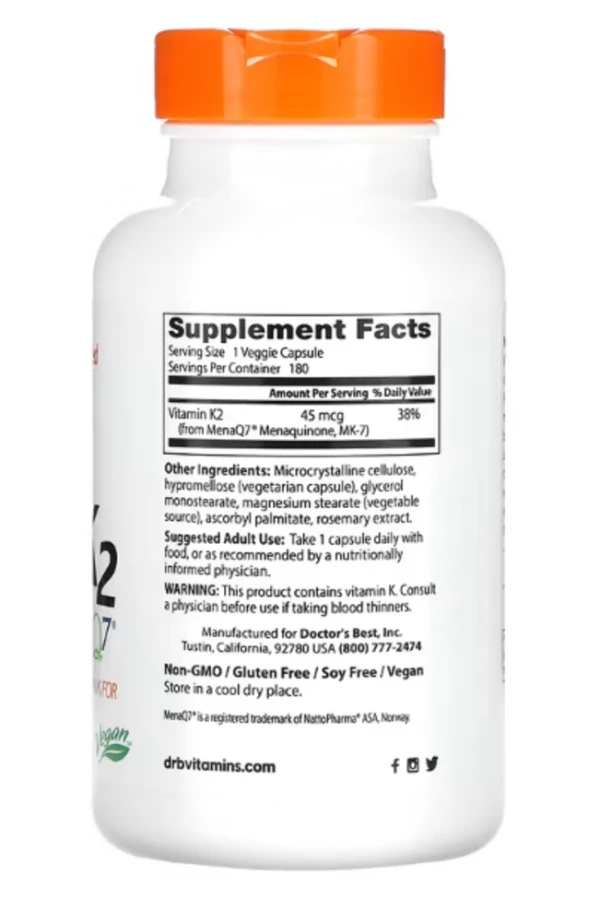 Doctor's Best, Natural Vitamin K2 MK-7 with MenaQ7, 45 mcg, 180 Veggie Caps