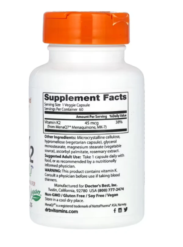 Doctor's Best, Natural Vitamin K2 MK-7 with MenaQ7, 45 mcg, 60 Veggie Caps