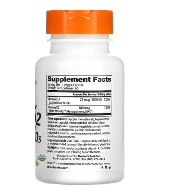 Doctor's Best, Natural Vitamin K2 MK-7 with MenaQ7 plus D3, 180 mcg, 60 Veggie Caps