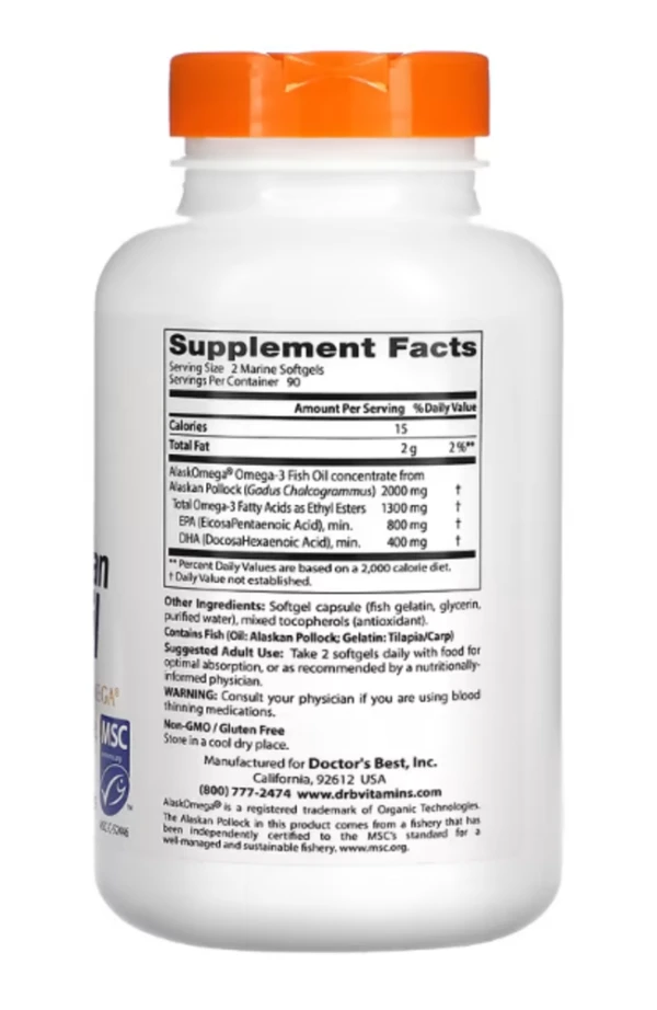 Doctor's Best, Pure Wild Alaskan Fish Oil with AlaskOmega, 1,000 mg, 180 Marine Softgels
