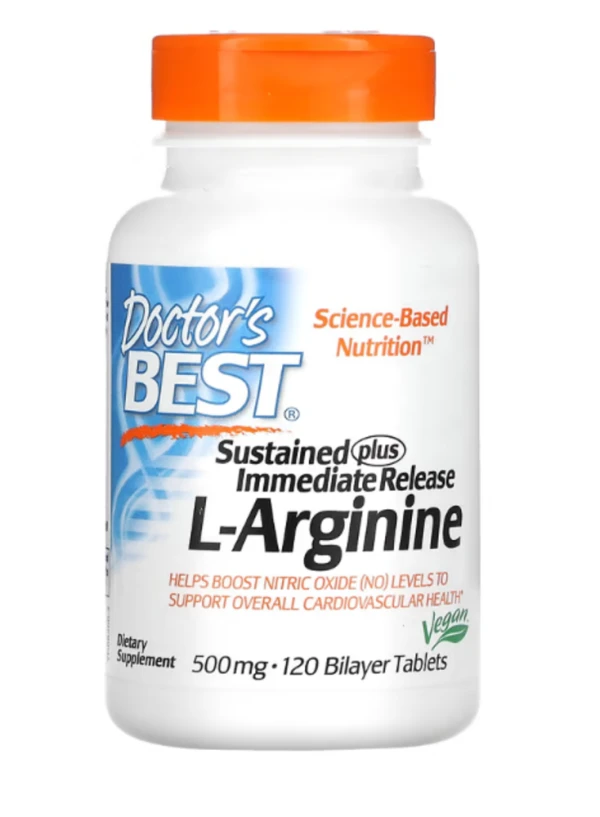 Doctor's Best, Sustained Plus Immediate Release L-Arginine, 500 mg, 120 Bilayer Tablets