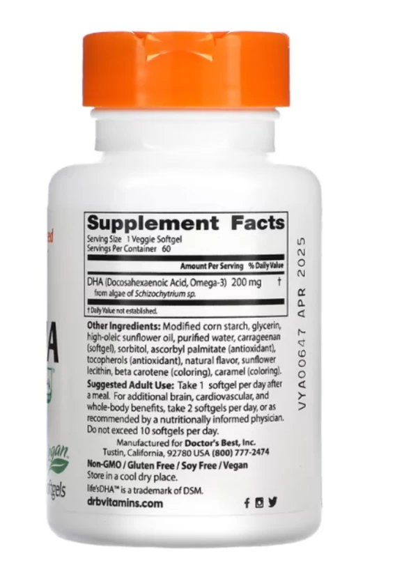 Doctor's Best, Vegan DHA from Algae with Life's DHA, 200 mg, 60 Veggie Softgels