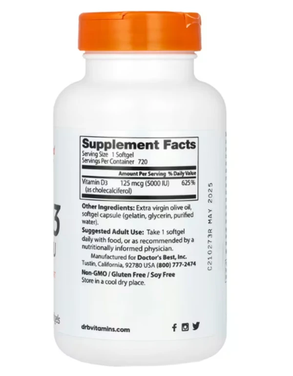 Doctor's Best, Vitamin D3, 125 mcg (5,000 IU), 720 Softgels