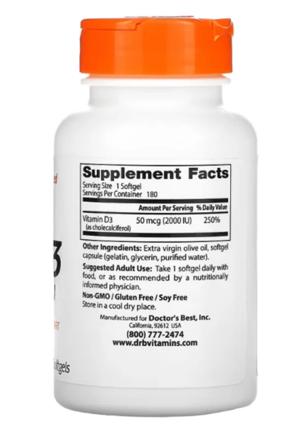 Doctor's Best, Vitamin D3, 50 mcg (2,000 IU), 180 Softgels