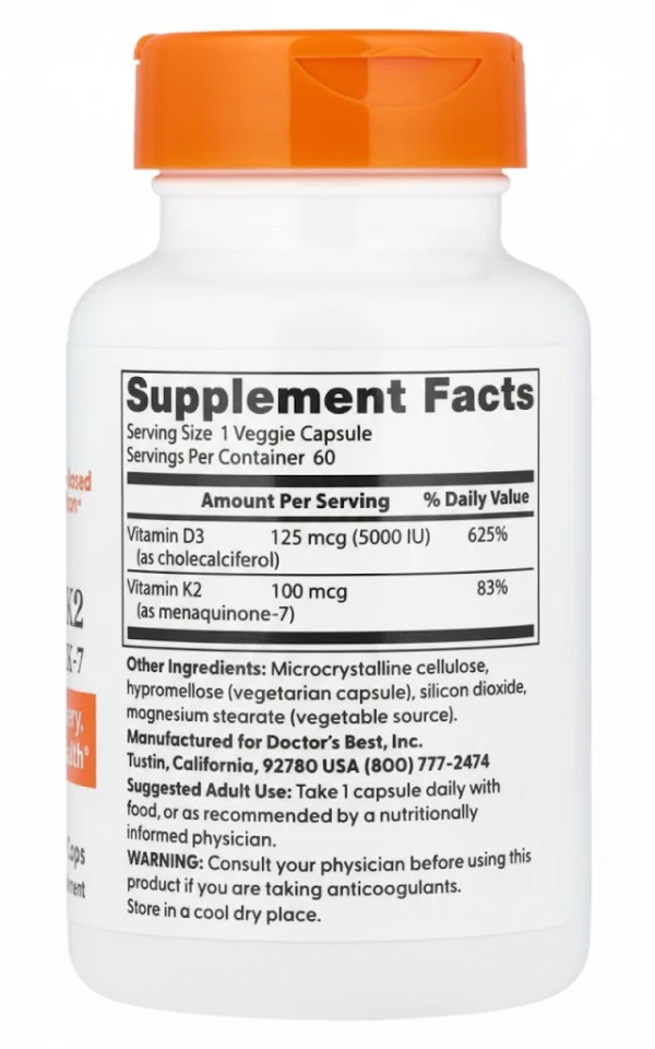 Doctor's Best, Vitamin D3 + K2, MK-7, 60 Veggie Caps