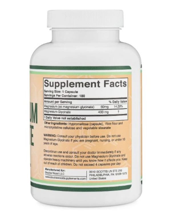 Double Wood Supplements Magnesium Glycinate -- 400 mg - 180 Capsules