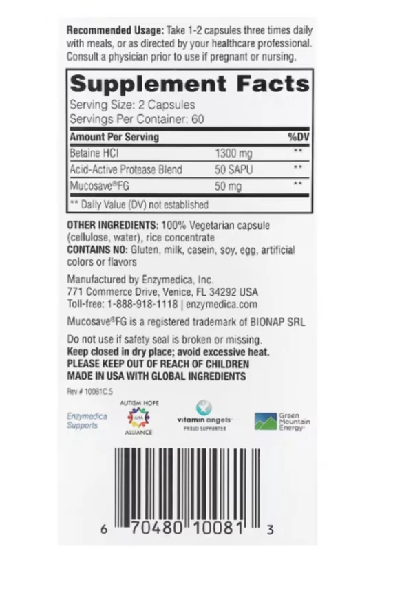Enzymedica, Betaine HCl, 120 Capsules