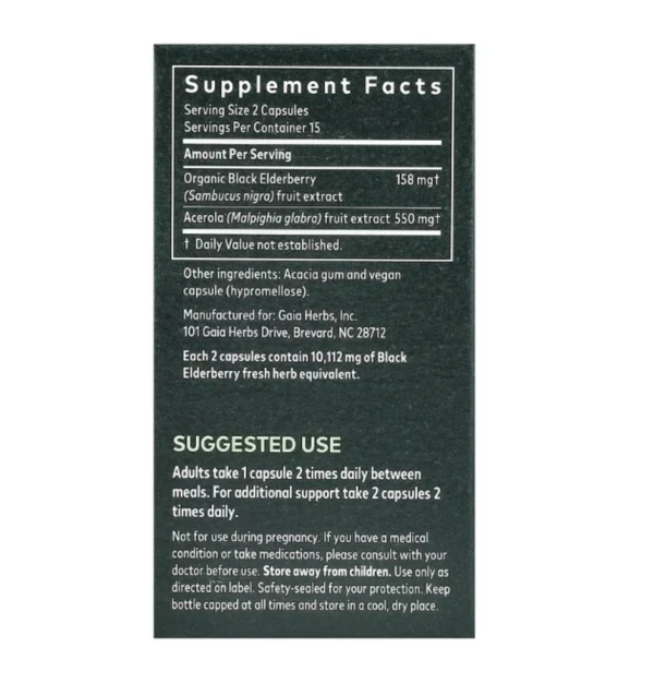 Gaia Herbs, Black Elderberry with Acerola Fruit, 30 Vegan Capsules
