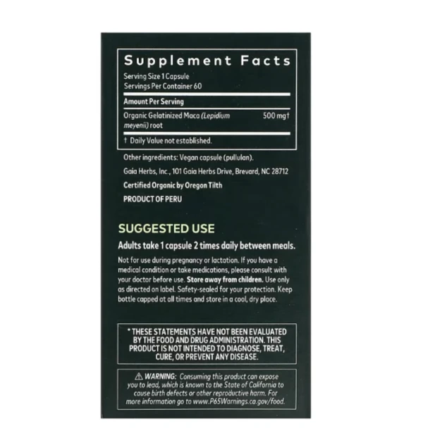 Gaia Herbs, Gelatinized Peruvian Maca Root, 60 Vegan Capsules