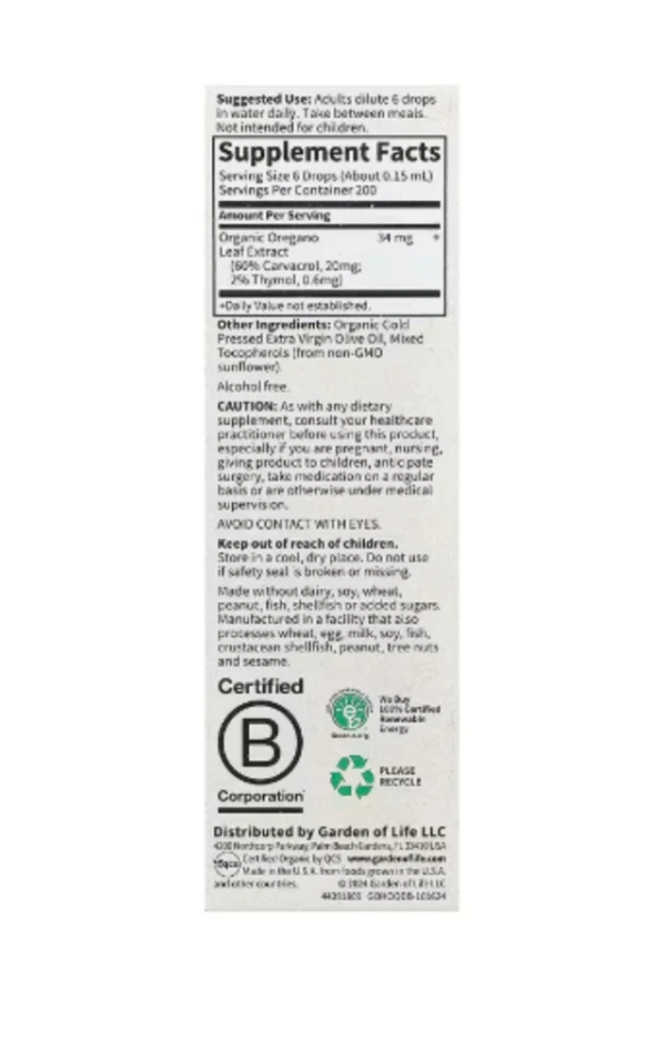 Garden of Life, Organics, Oil of Oregano, Seasonal Drops, Alcohol Free, 1 fl oz (30 ml)