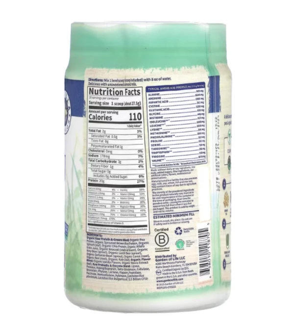 Garden of Life, RAW Organic Protein & Greens, Plant Formula, Vanilla, 19.40 oz (550 g)