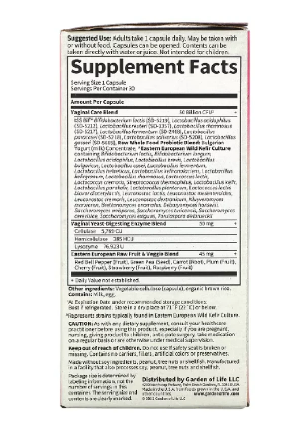 Garden of Life, RAW Probiotics, Vaginal Care, 50 Billion, 30 Vegetarian Capsules
