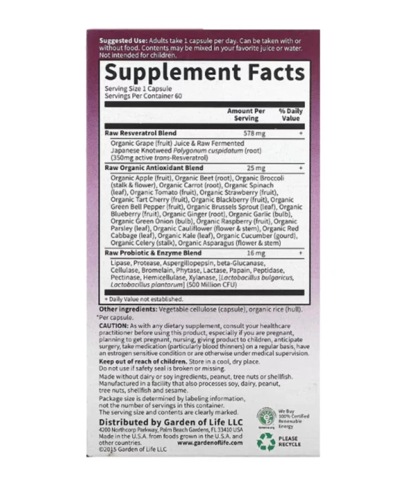 Garden of Life, RAW Resveratrol, 350 mg, 60 Vegan Capsules