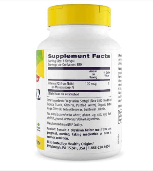 Healthy Origins, Vitamin K2 as MK-7, Natural, 100 mcg, 180 Veggie Softgels