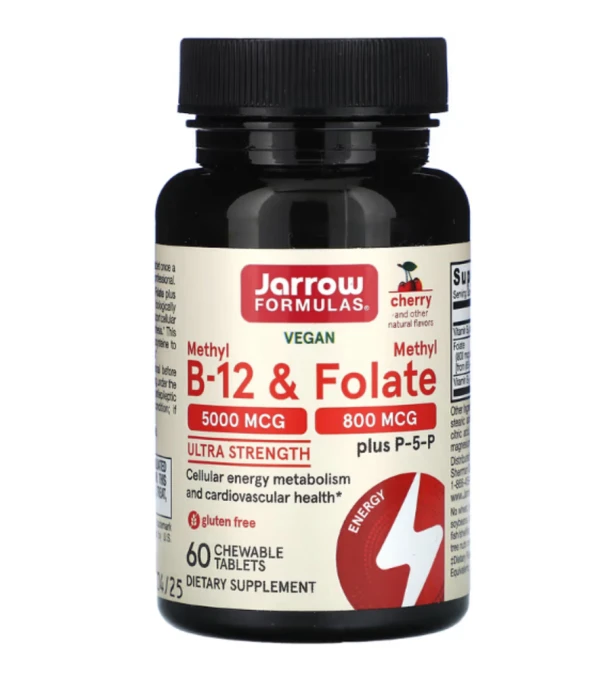 Jarrow Formulas, Vegan Methyl B-12 & Methyl Folate, Ultra Strength, Cherry, 60 Chewable Tablets