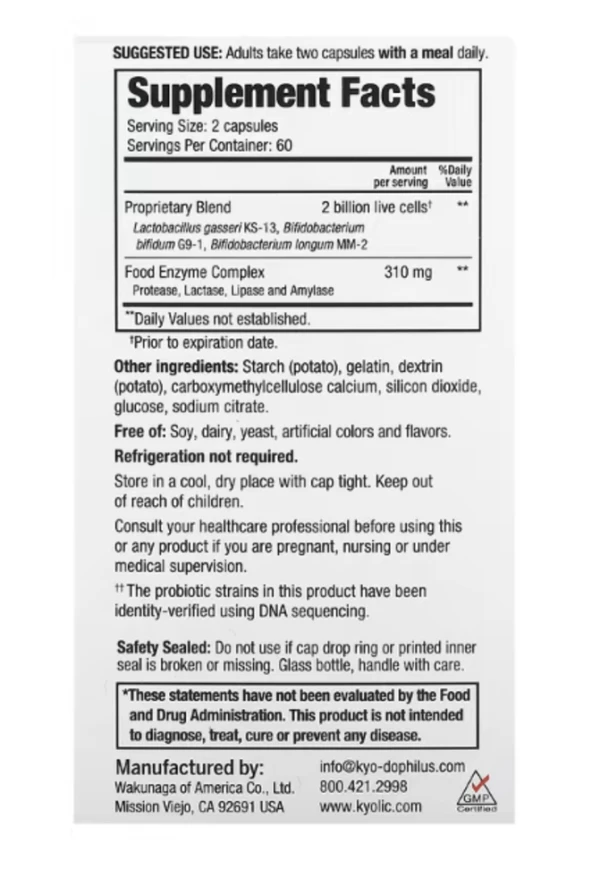 Kyolic, Kyo-Dophilus, Enzyme+ Probiotic, 2 Billion, 120 Capsules (1 Billion CFU per Capsule)