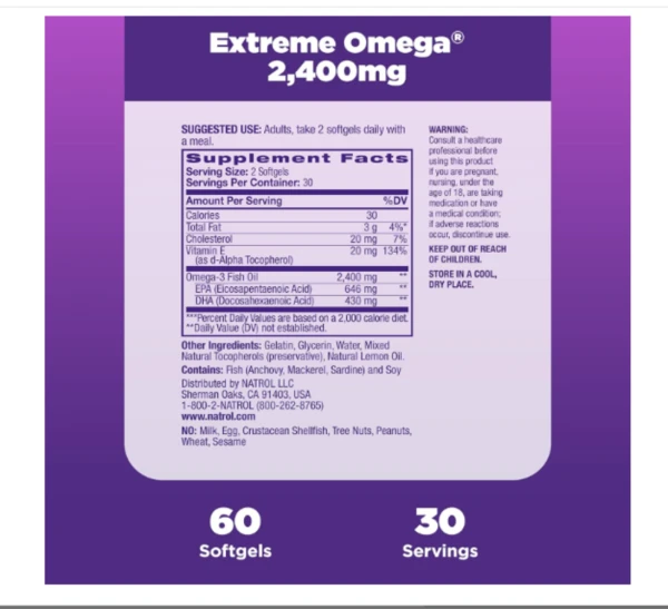 Natrol, Extreme Omega, Lemon, 2,400 mg, 60 Softgels (1,200 mg per Softgel)