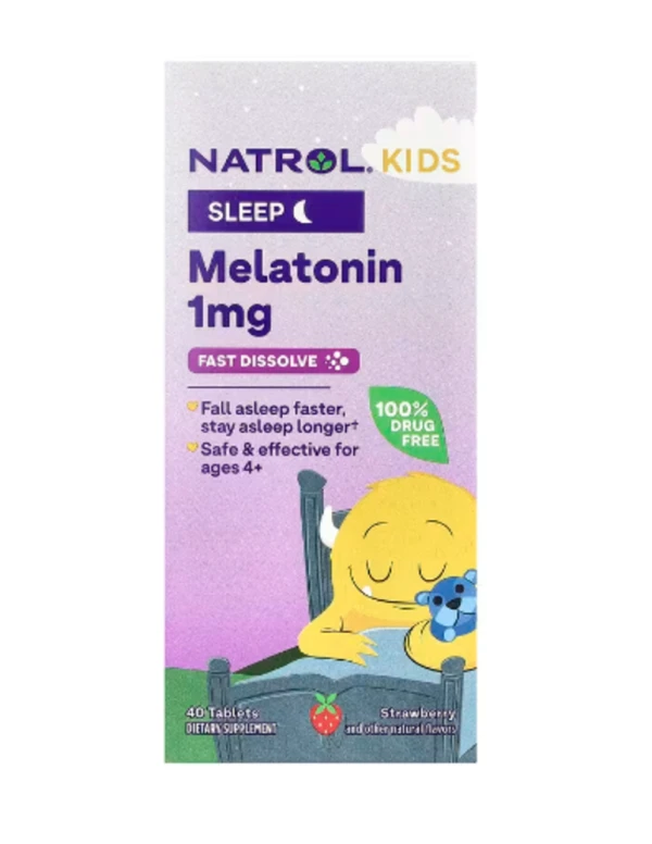 Natrol, Kids, Melatonin, Ages 4+, Strawberry, 1 mg, 40 Tablets