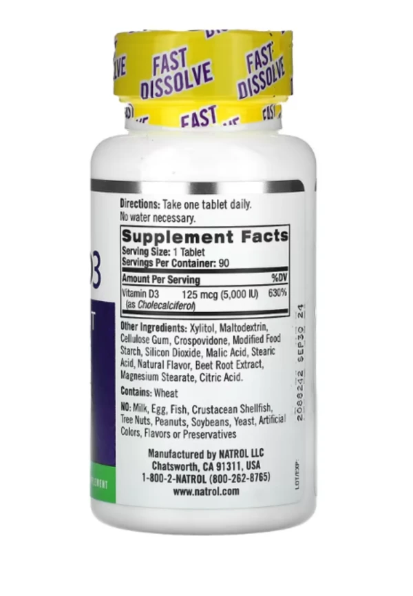 Natrol, Vitamin D3, Bone & Joint Health, Strawberry Natural Flavor, 5,000 IU, 90 Tablets