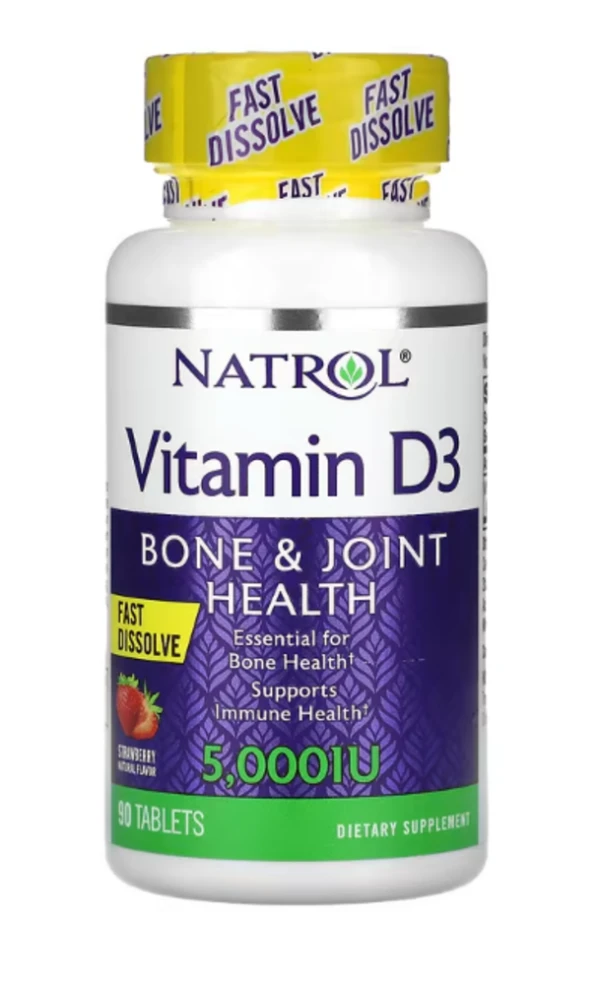 Natrol, Vitamin D3, Bone & Joint Health, Strawberry Natural Flavor, 5,000 IU, 90 Tablets