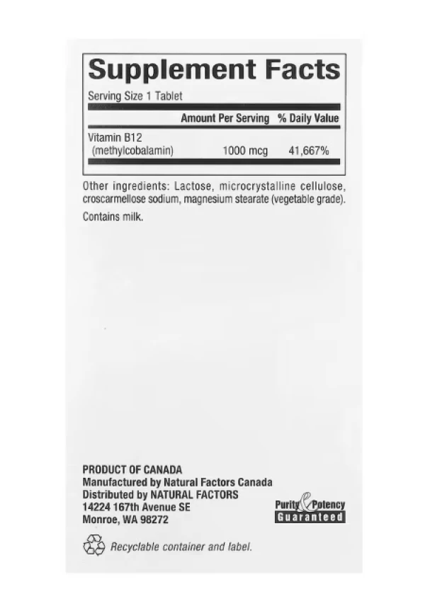 Natural Factors, B12, Methylcobalamin, 1,000 mcg, 90 Chewable Tablets