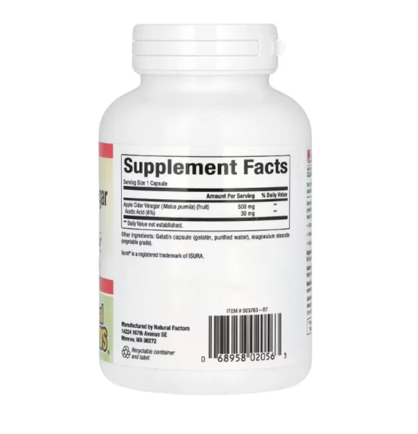 Natural Factors, Fermented Apple Cider Vinegar, 500 mg, 180 Easy to Swallow Capsules
