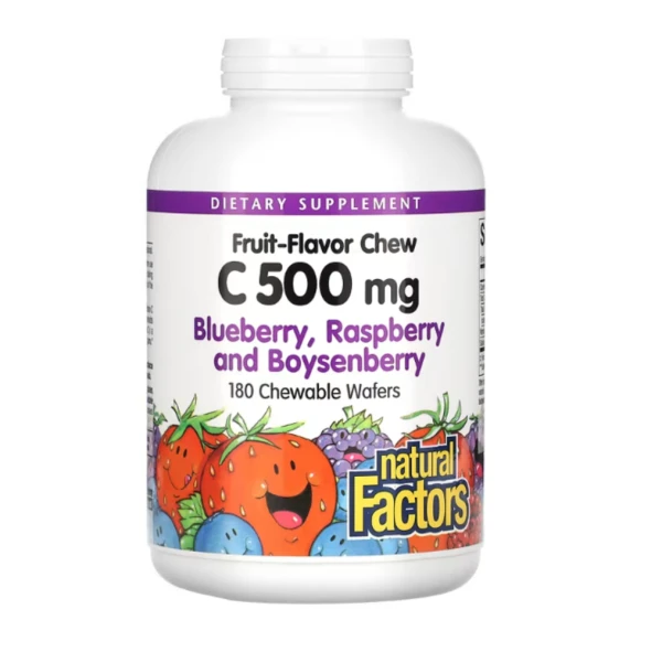 Natural Factors, Fruit-Flavor Chew Vitamin C, Blueberry, Raspberry and Boysenberry, 500 mg, 180 Chewable Wafers