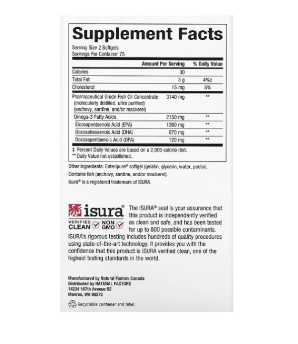Natural Factors, RxOmega-3 Ultra Strength, 2,150 mg, 150 Softgels (1,075 mg per Softgel)