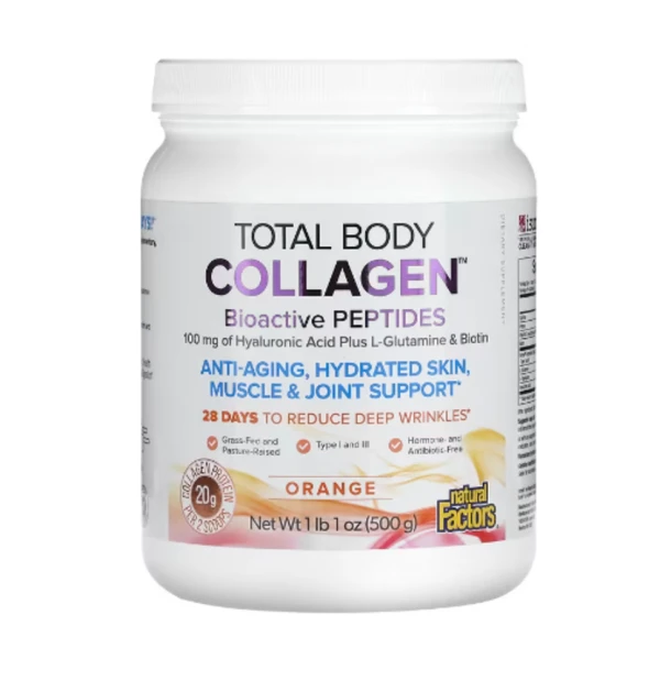 Natural Factors, Total Body Collagen, Bioactive Peptides, Orange, 100 mg, 1 lb 1 oz (500 g)