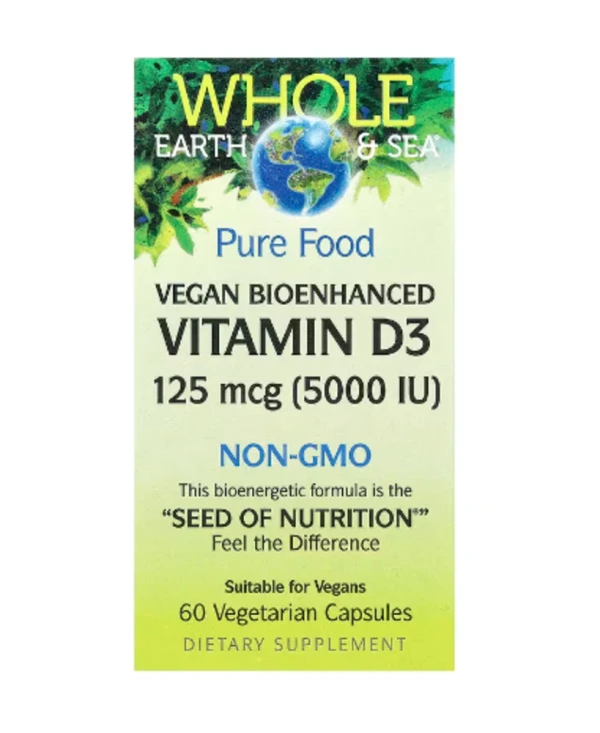 Natural Factors, Whole Earth & Sea®, Vegan Bioenhanced Vitamin D3, 125 mcg (5,000 IU), 60 Vegetarian Capsules