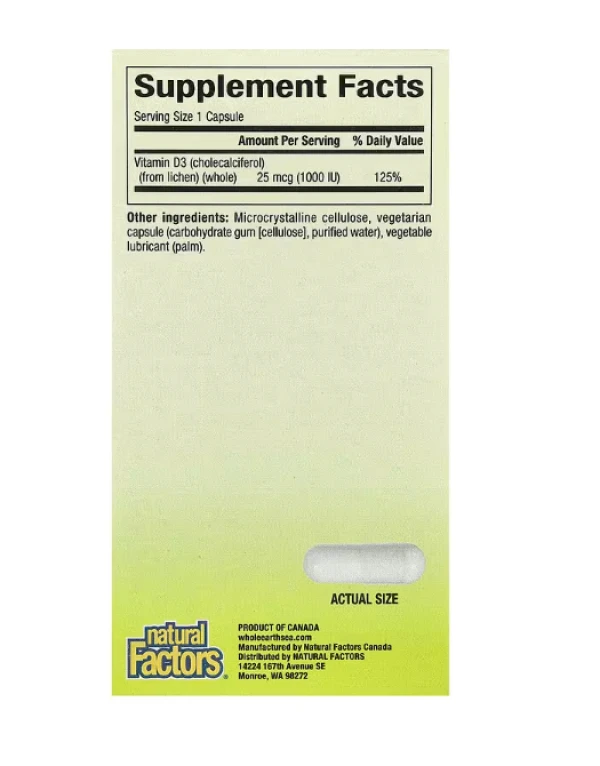 Natural Factors, Whole Earth & Sea, Vegan Bioenhanced Vitamin D3, 25 mcg (1,000 IU), 90 Vegetarian Capsules