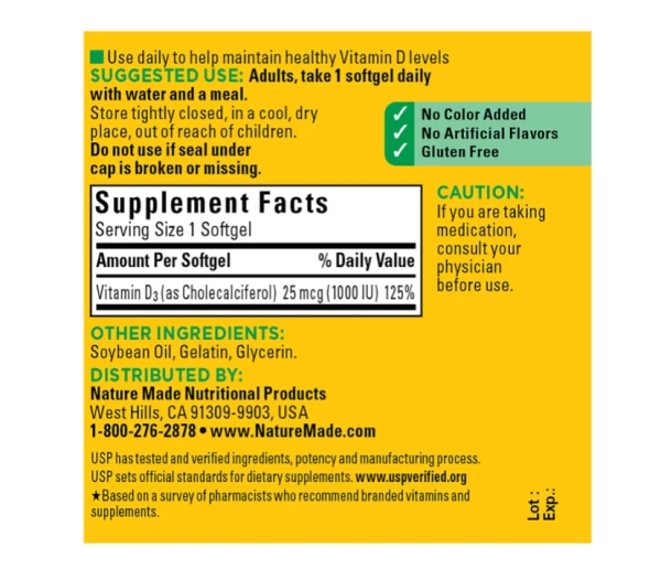 Nature Made Vitamin D3 -1000 IU - 180 Softgels