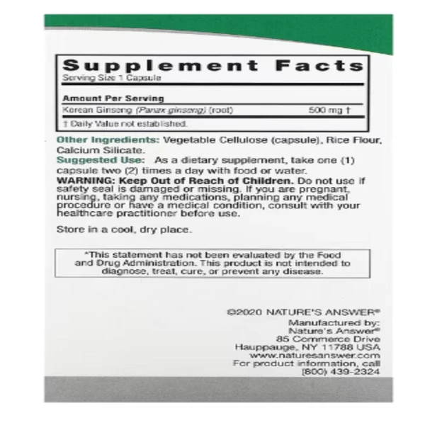 Nature's Answer, Korean Ginseng, 500 mg, 50 Vegetarian Capsules