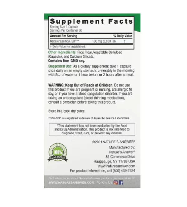 Nature's Answer, Nattokinase, 100 mg, 60 Vegetarian Capsules