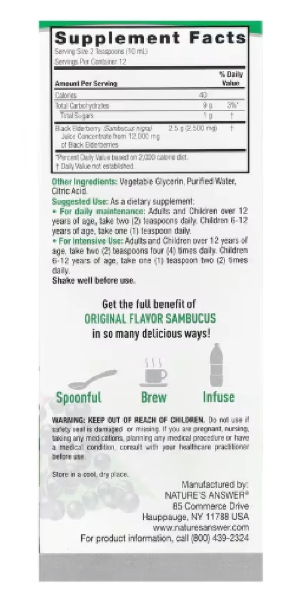Nature's Answer, Sambucus, Black Elderberry, Alcohol-Free, 12,000 mg, 4 fl oz (120 ml)