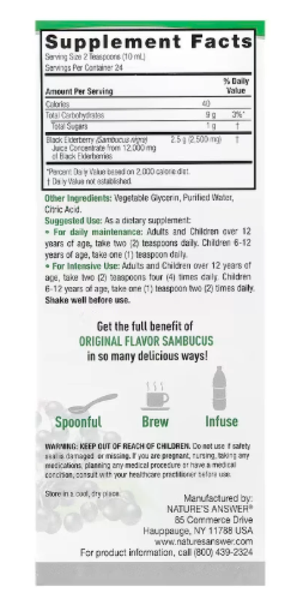 Nature's Answer, Sambucus, Black Elderberry, Alcohol-Free, 12,000 mg, 8 fl oz (240 ml)