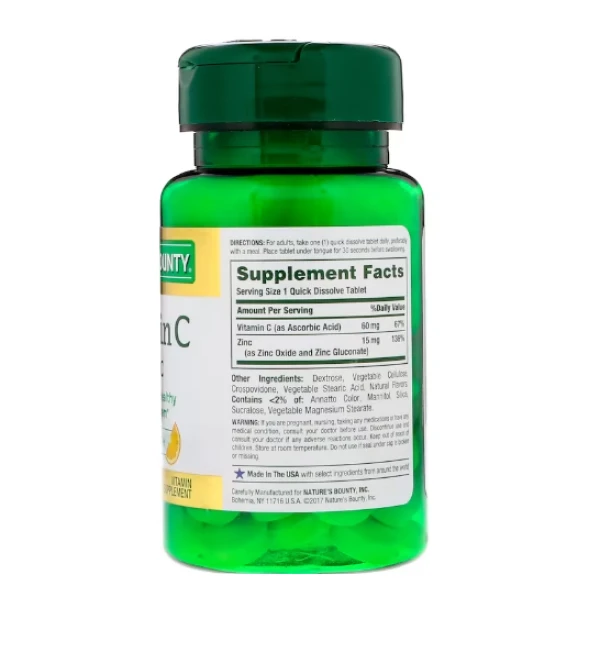 Nature's Bounty, Vitamin C + Zinc, Natural Citrus Flavor, 60 Quick Dissolve Tablets