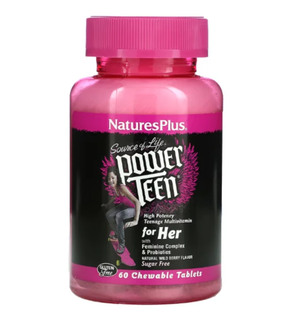 Nature's Plus, Source of Life, Power Teen, For Her, Sugar Free, Natural Wild Berry Flavor, 60 Chewable Tablets