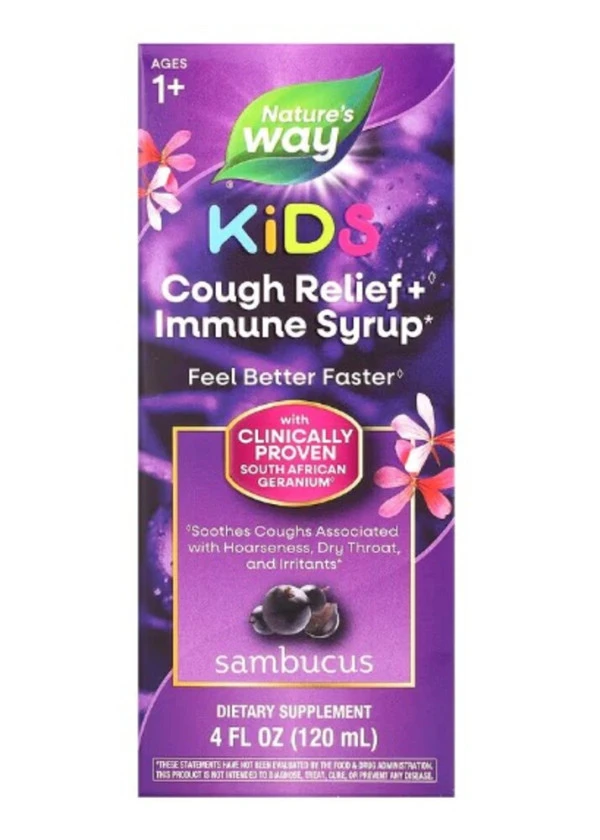Nature's Way, Kids, Cough Relief + Immune Syrup, Ages 1+, Sambucus, 4 fl oz (120 ml)