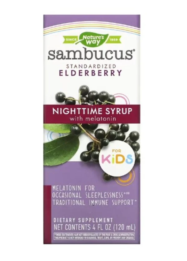 Nature's Way, Sambucus For Kids, Standardized Elderberry, Nighttime Syrup with Melatonin, 4 fl oz (120 ml)