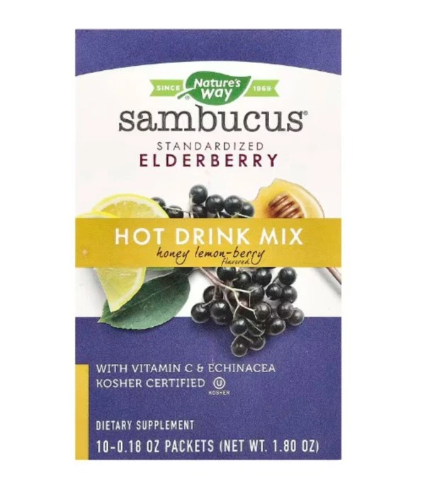 Nature's Way, Sambucus®, Hot Drink Mix, Standardized Elderberry, Honey Lemon-Berry, 10 Packets, 0.18 oz Each