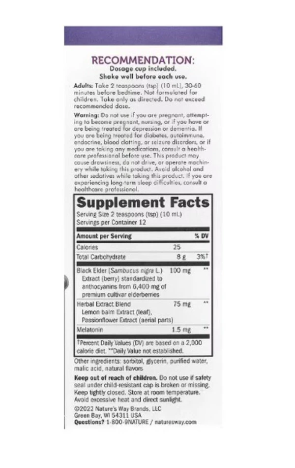 Nature's Way, Sambucus, Nighttime Syrup with Melatonin, Elderberry, 4 fl oz (120 ml)