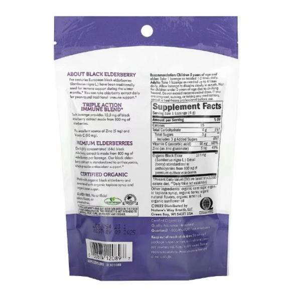 Nature's Way, Sambucus, Organic Elderberry Zinc Lozenges with Vitamin C, Honey Lemon, 24 Lozenges