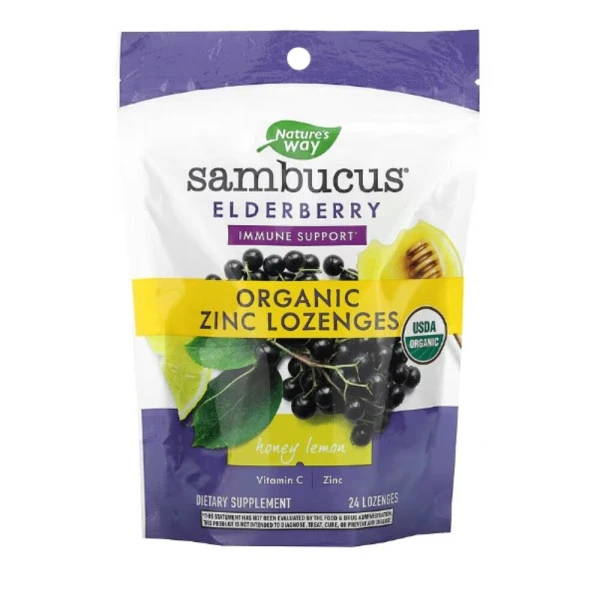 Nature's Way, Sambucus, Organic Elderberry Zinc Lozenges with Vitamin C, Honey Lemon, 24 Lozenges