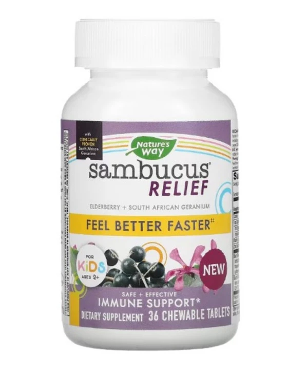 Nature's Way, Sambucus Relief, Immune Support, For Kids, Ages 2+, Berry, 36 Chewable Tablets