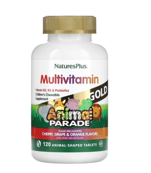 NaturesPlus, Animal Parade Gold, Children's Chewable Multivitamin Supplement, Cherry, Grape & Orange, 120 Animal-Shaped Tablets