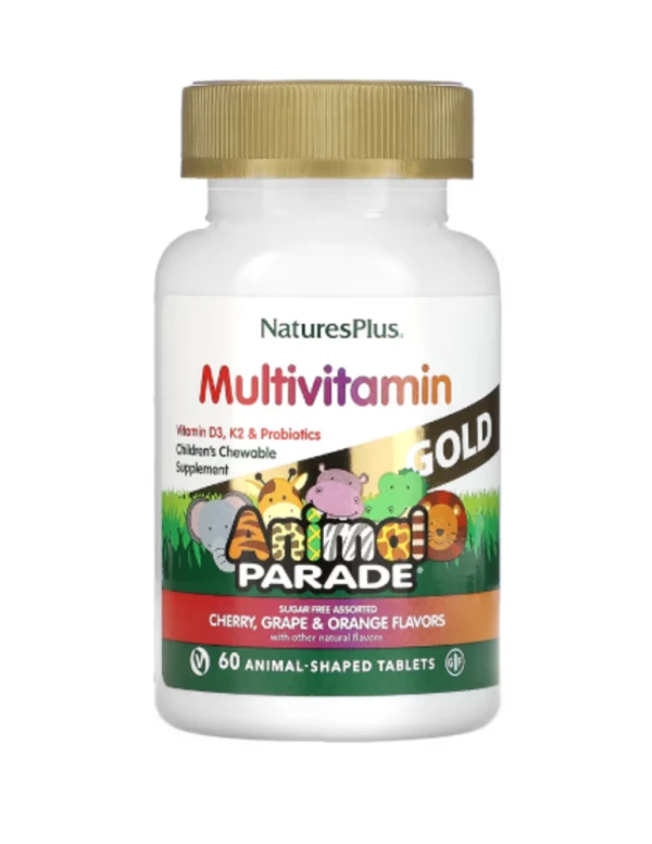 NaturesPlus, Animal Parade Gold, Children's Chewable Supplement, Cherry, Grape & Orange, 60 Animal-Shaped Tablets