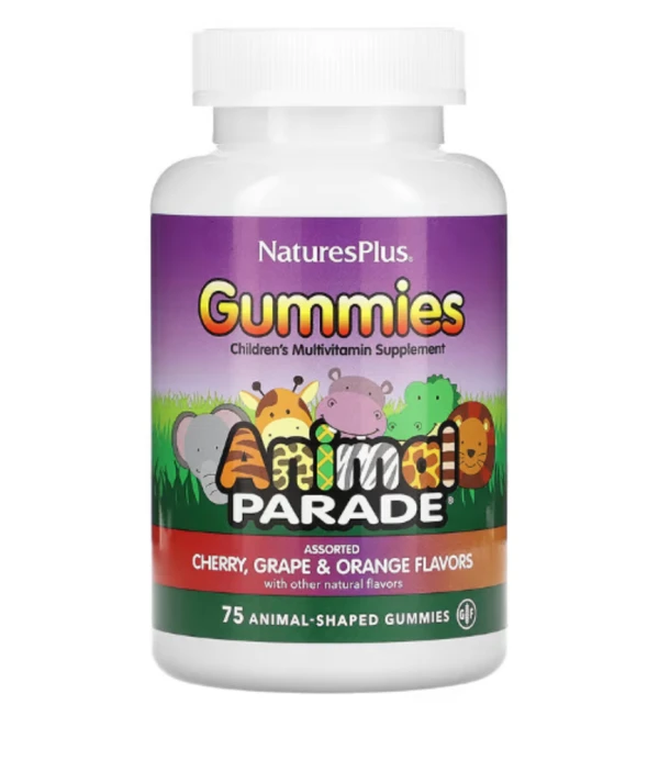 NaturesPlus, Animal Parade Gummies, Children's Multivitamin, Assorted Flavors, 75 Animal-Shaped Gummies