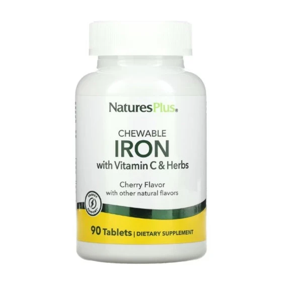 NaturesPlus, Chewable Iron with Vitamin C and Herbs, Cherry, 90 Tablets