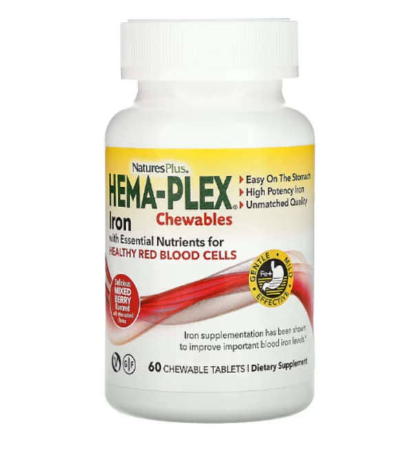 NaturesPlus, Hema-Plex Iron Chewables, Mixed Berry, 60 Chewable Tablets